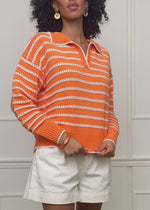 Fine knit sweater with polo collar and openwork stripes - orange