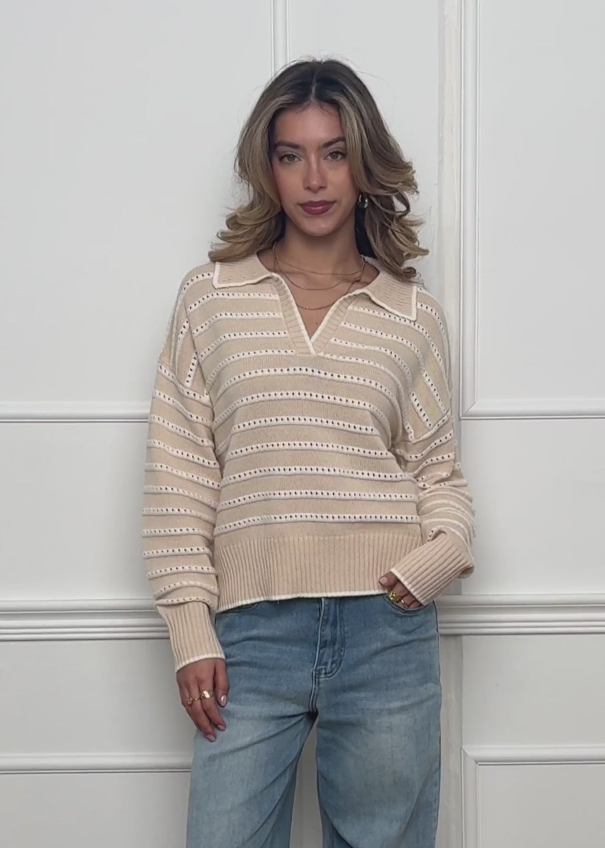 Feinstrickpullover mit Polokragen und Ajourstreifen - beige