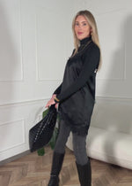 Satin top with lace and asymmetrical hem - black