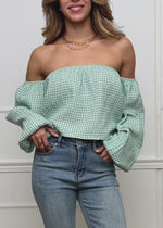 Off-the-shoulder muslin top with Vichy print - sage green and white
