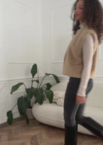 Rib knitting sweater with stand -up collar - beige