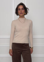 Rib knitting sweater with stand -up collar - beige