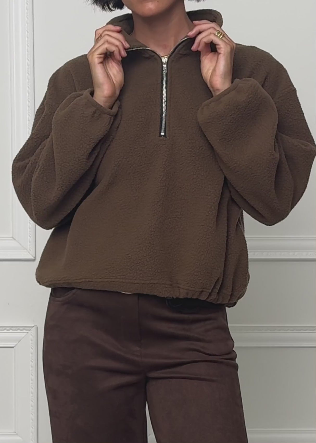 Oversize Fleece Sweatshirt mit Reißverschluss - braun
