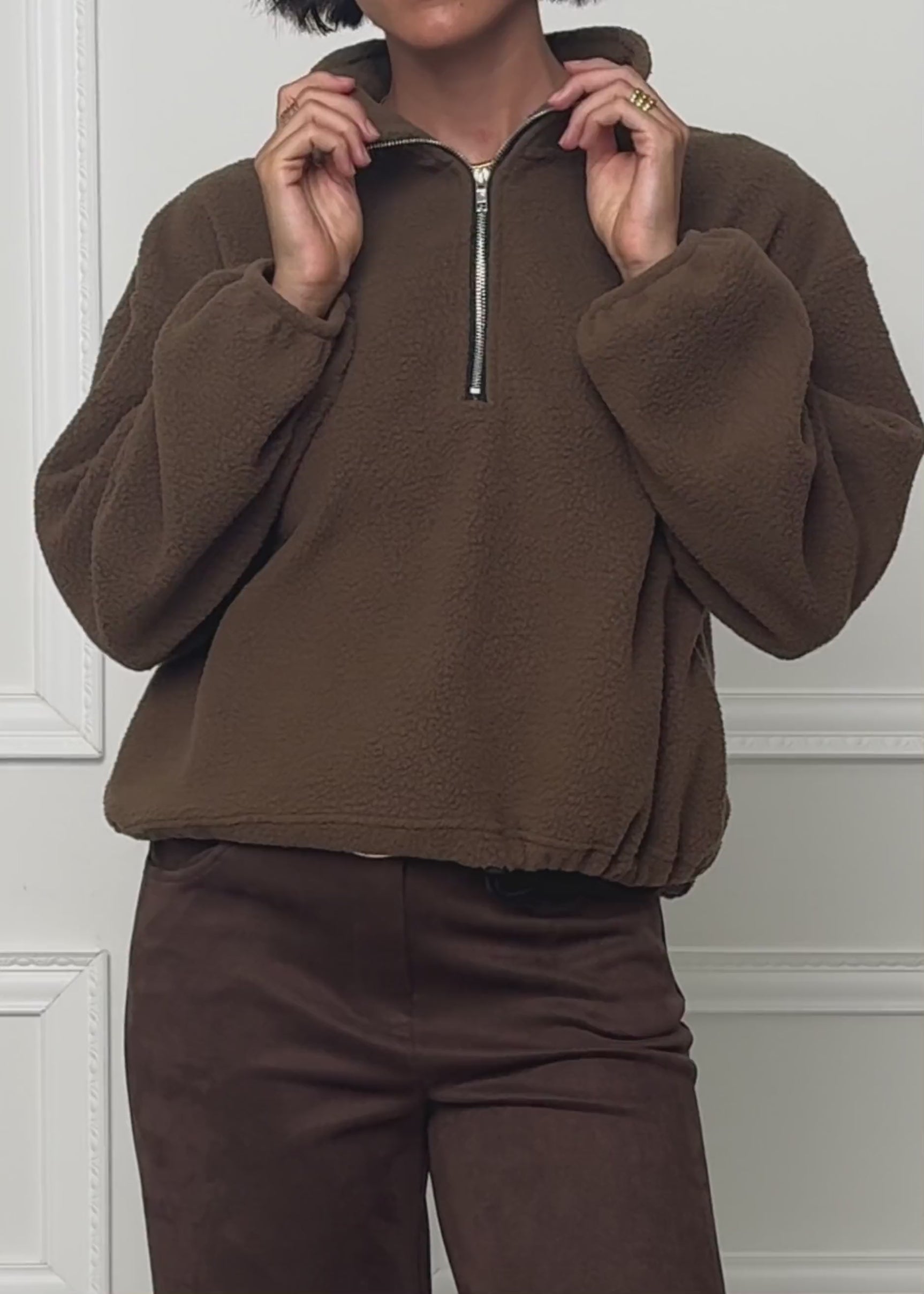 Oversize Fleece Sweatshirt mit Reißverschluss - braun