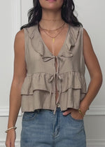 Ärmellose Volant Bluse mit Bindebänder - taupe