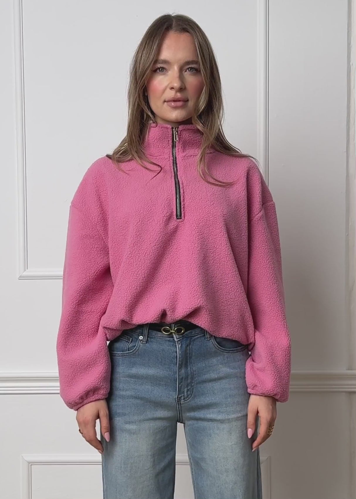 Oversize Fleece Sweatshirt mit Reißverschluss - rosa