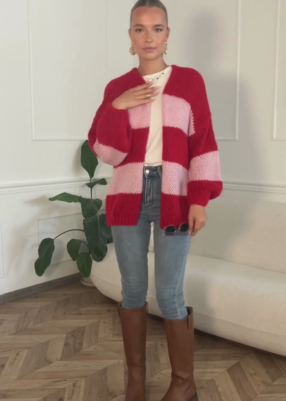 Striped oversize cardigan - pink red