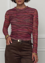 Mesh Langarmshirt mit abstrakten Streifen - beere