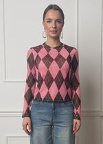 Mesh long-sleeved shirt with diamond pattern - pink-brown