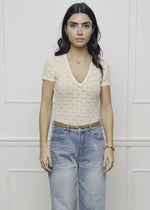 Short-sleeved bodysuit in floral lace - butter yellow