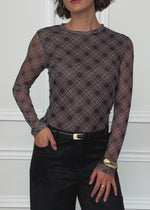 Mesh Langarmshirt mit kariertem Muster - schwarz