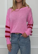 Kurzer Strickpullover mit gestreiften Ärmeln - rosa