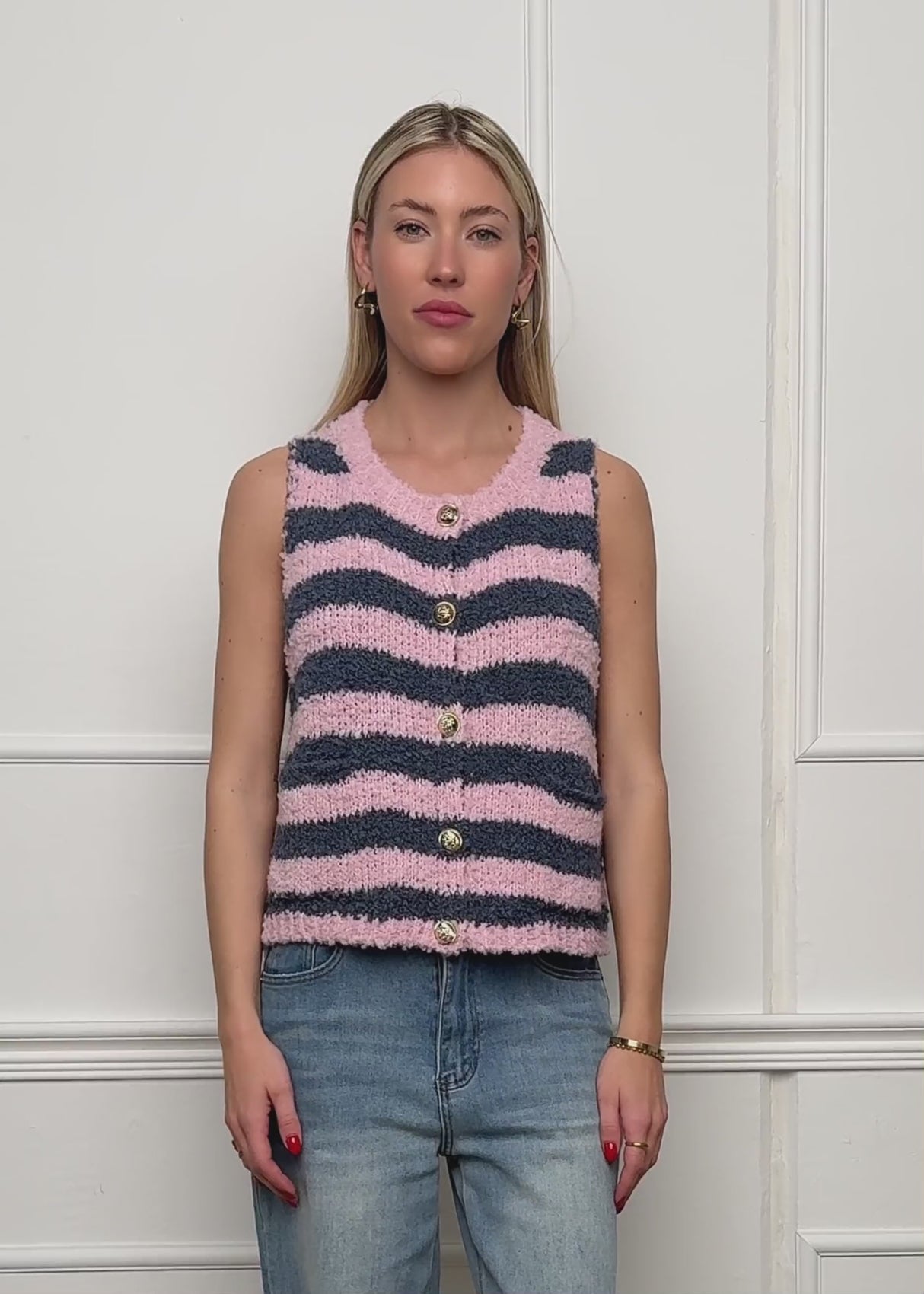 Bouclé-Weste mit Blockstreifen - rosa-grau von SASSYCLASSY