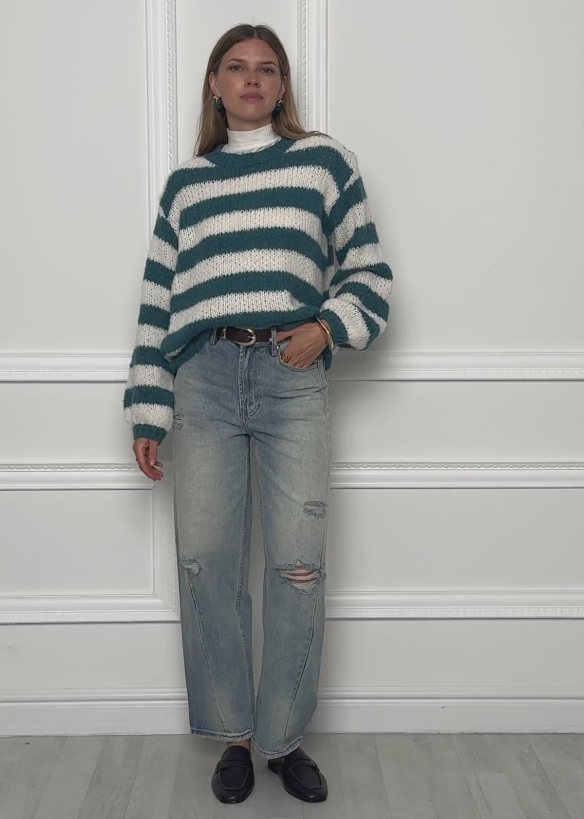 Gestreifter Grobstrickpullover - petrol-offwhite von SASSYCLASSY