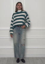 Gestreifter Grobstrickpullover - petrol-offwhite