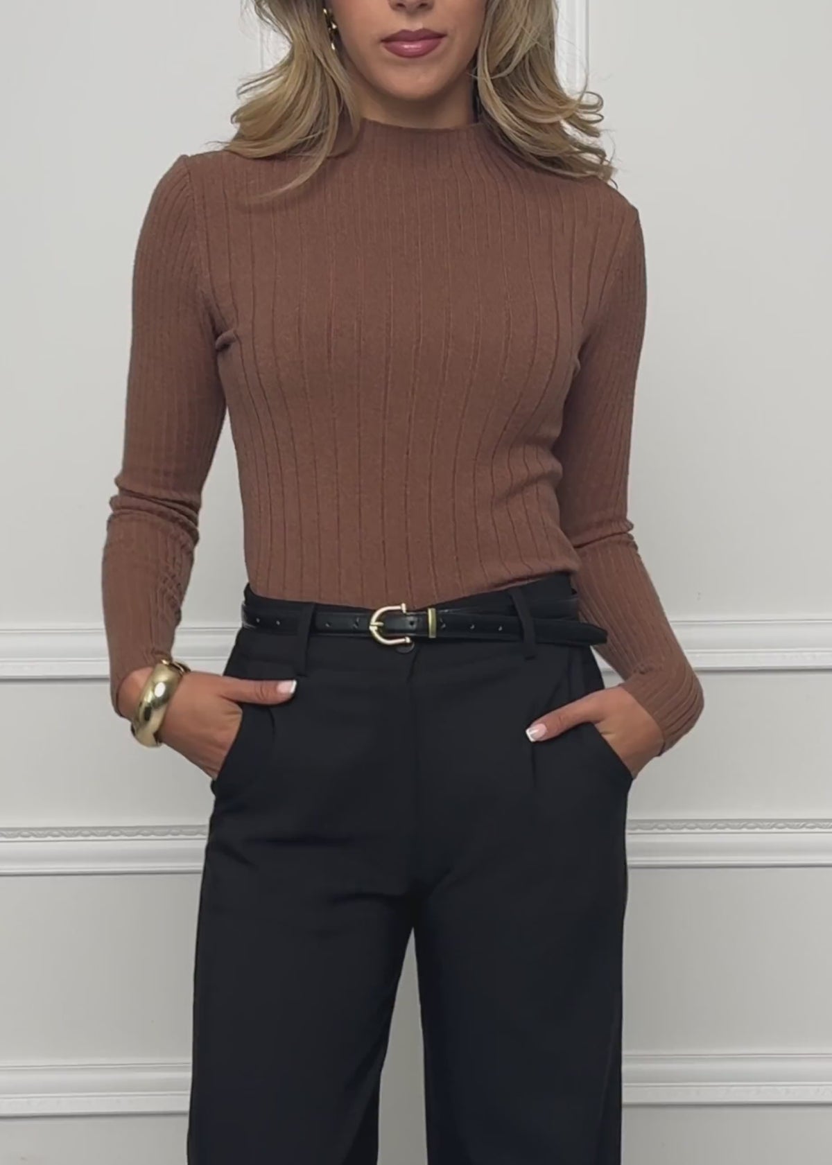 Ribbed knit top with stand-up collar - brown by SASSYCLASSY