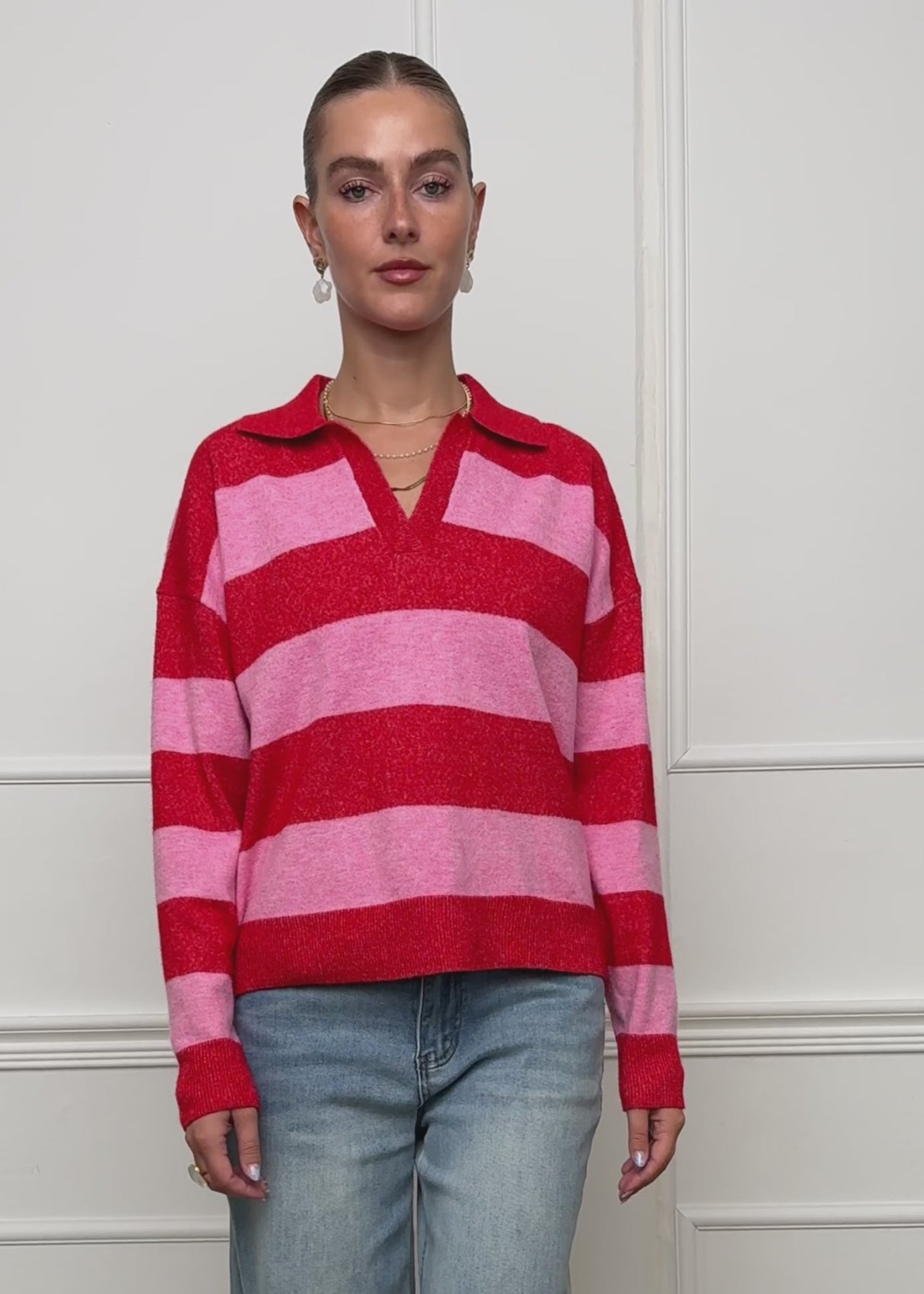 Striped polo-collar sweater - pink-red by SASSYCLASSY
