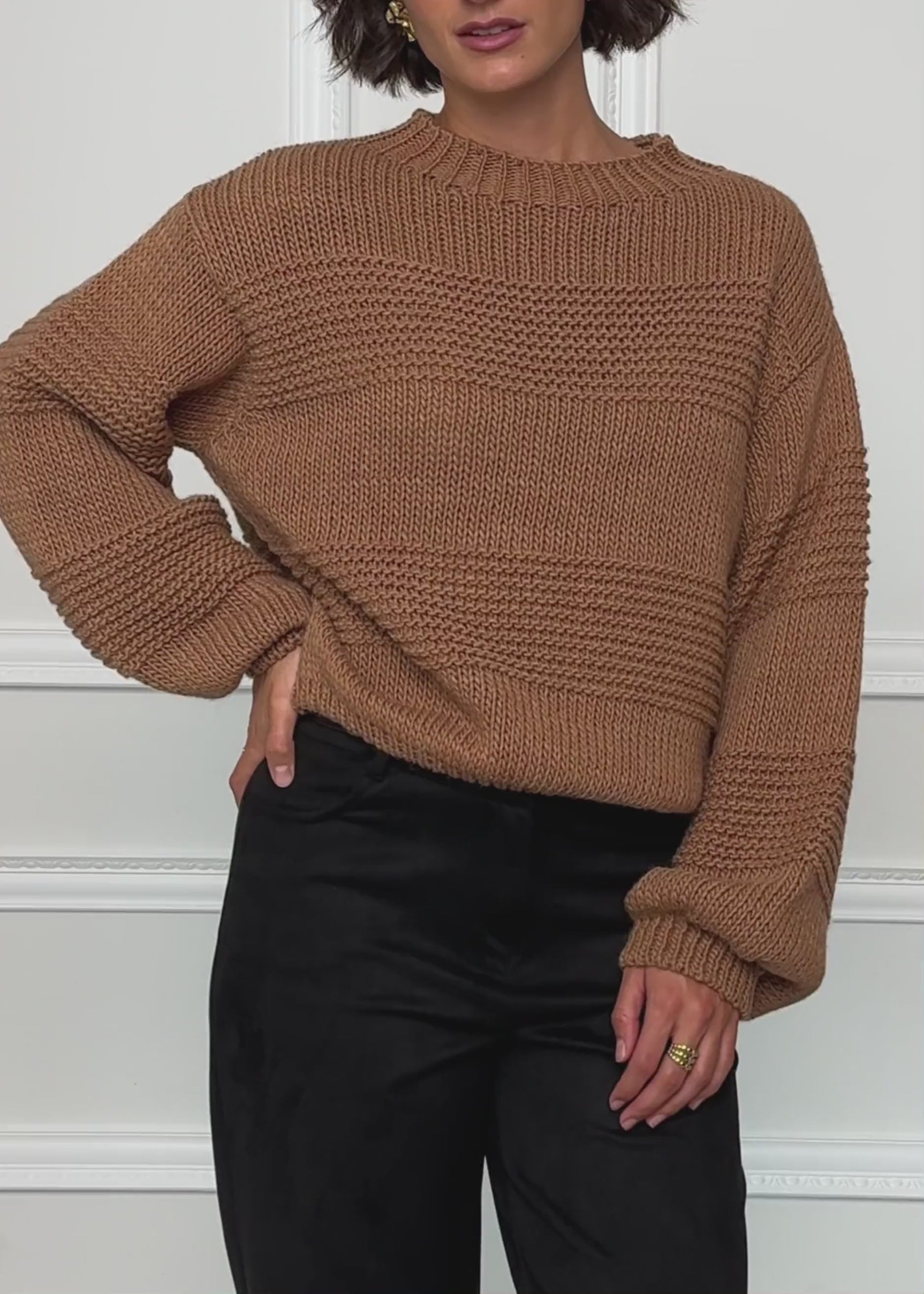 Strickpullover mit Strukturstreifen - camel
