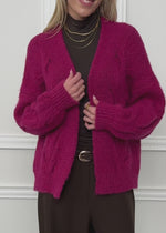 Chunky knit cardigan with cable pattern - berry