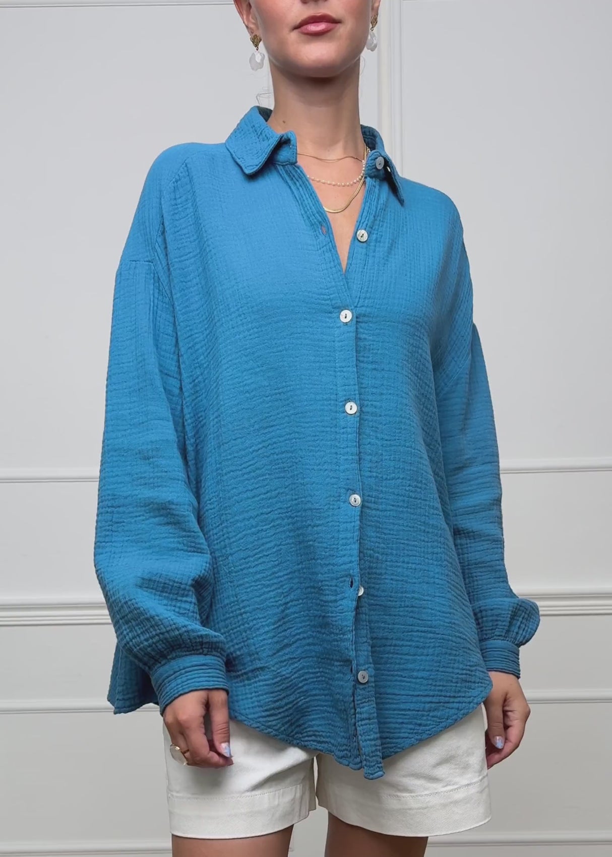 Musselin Bluse oversize, kurz, petrolblau