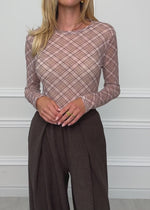 Mesh Langarmshirt mit kariertem Muster - beige