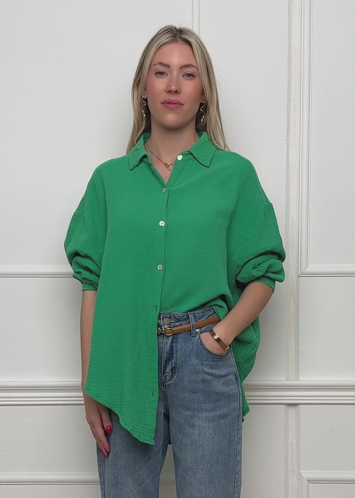 Musselin Bluse oversize, kurz, grün