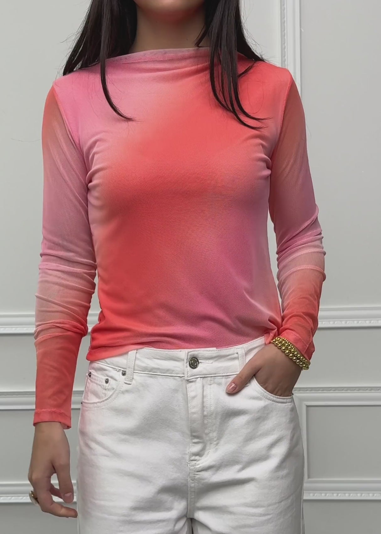 Mesh Langarmshirt mit Stehkragen - koralle by SASSYCLASSY