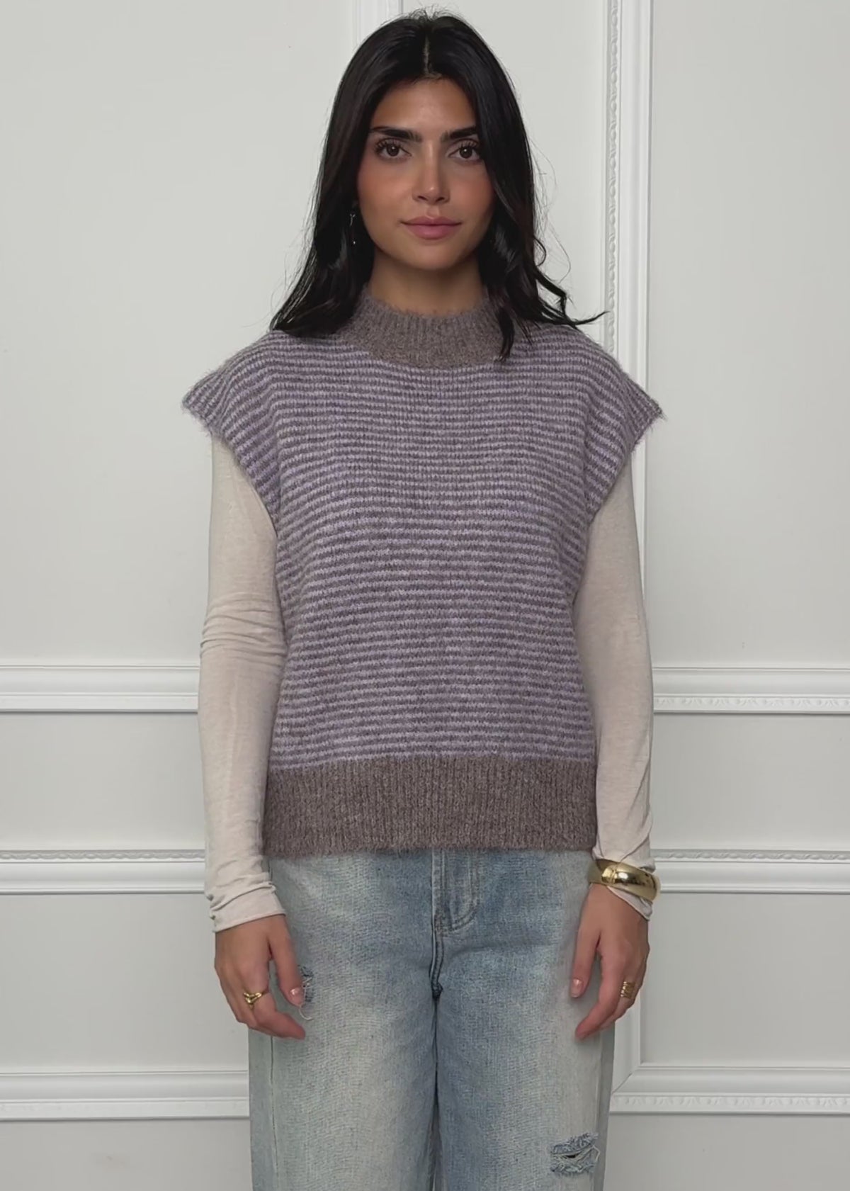 Geringelter Pullunder mit Stehkragen - taupe-flieder von SASSYCLASSY