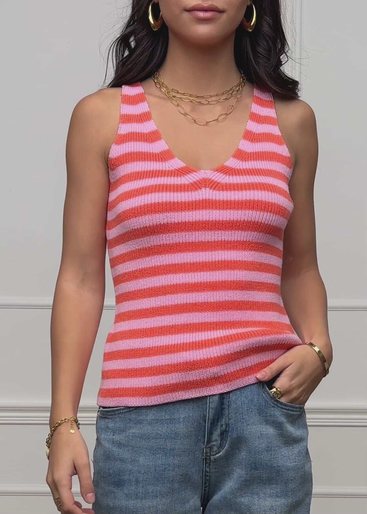 Striped Knit V-Neck Top - Orange-Pink by SASSYCLASSY