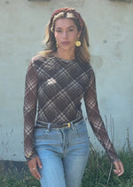 Mesh Langarmshirt mit Karo-Muster - braun