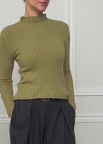 Ribbed knit top with funnel neck - olive green