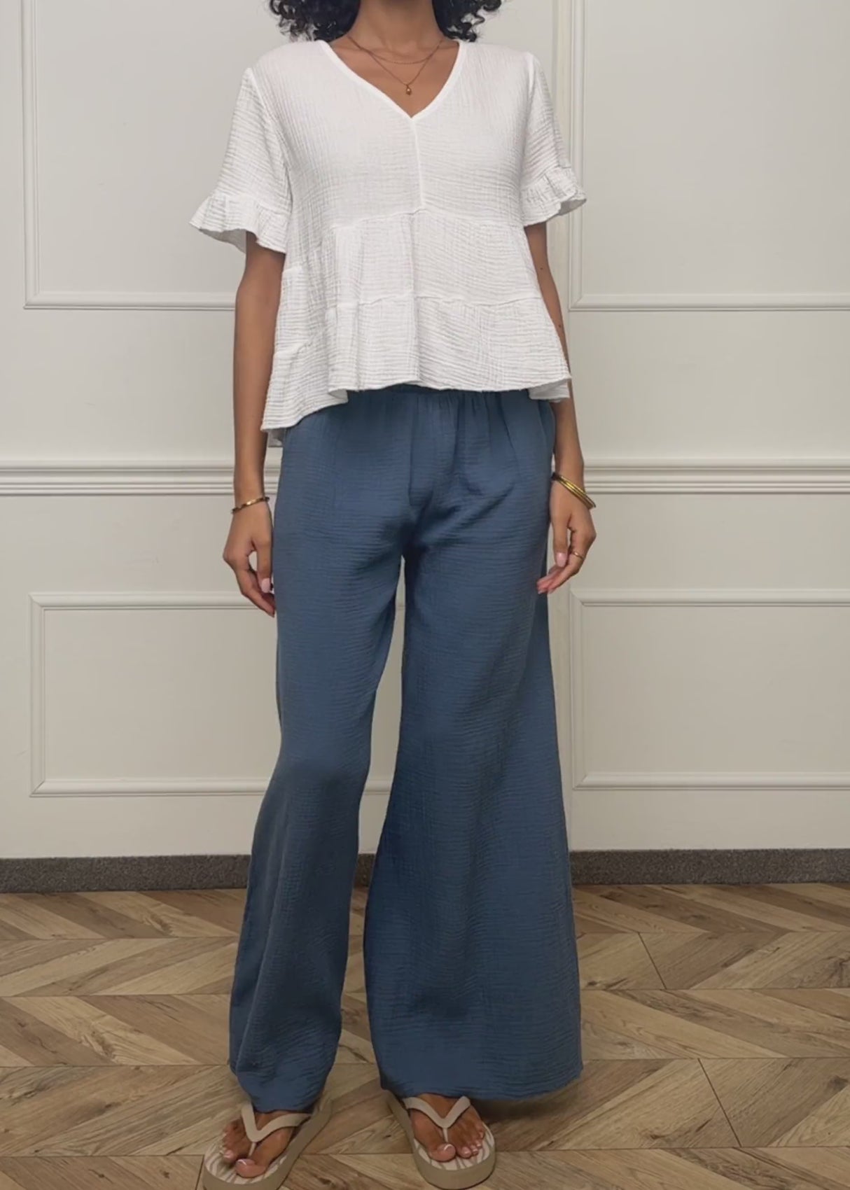 Muslin Wide-Leg Pants - Denim Blue