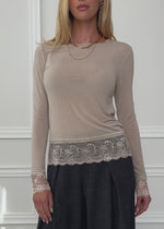 Long-sleeved top with lace trim and cashmere content - beige