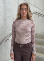 Mesh Langarmshirt mit Hahnentrittmuster - beige