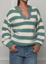 Gestreifter Pullover mit Blende - petrol-offwhite
