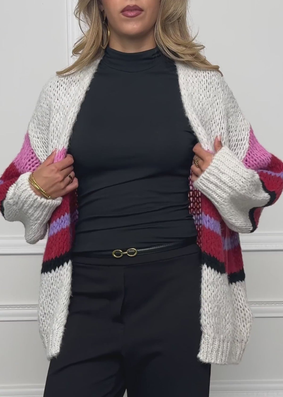 Oversize cardigan with multicoloured stripes - light grey by SASSYCLASSY