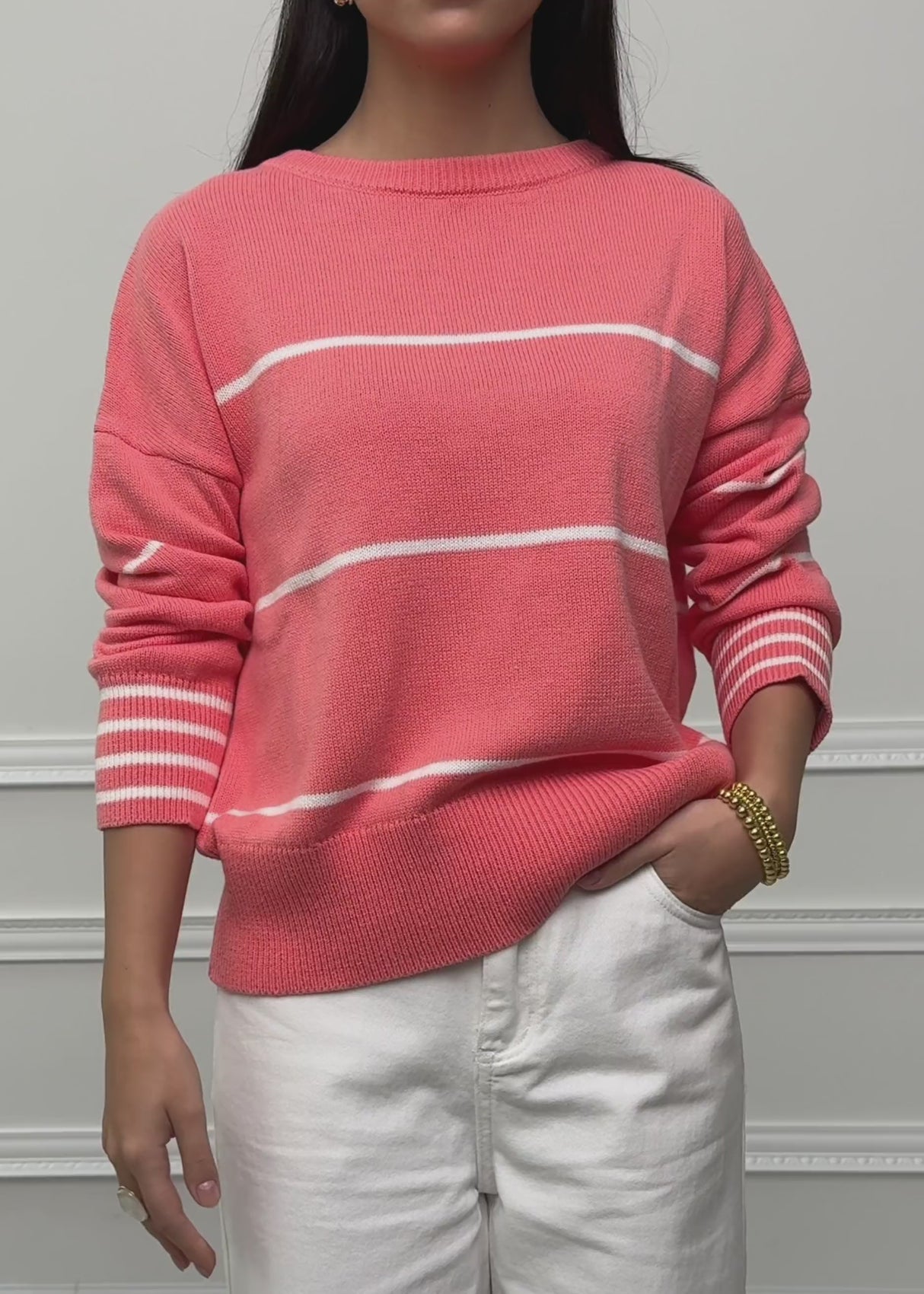 Fine knit sweater with contrasting stripes - coral by SASSYCLASSY