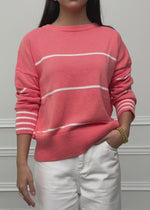 Fine knit sweater with contrasting stripes - coral