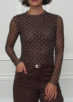 Mesh Langarmshirt mit Punkten - braun