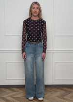 Mesh Langarmshirt mit großen Punkten - braun-blau