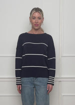 Feinstrickpullover mit Kontraststreifen - dunkelblau