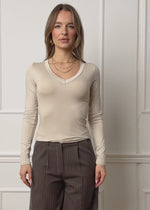 Long-sleeved shirt with V-neck - beige