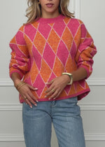 Oversize Strickpullover mit Rautenmuster - pink-orange