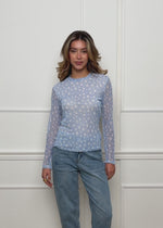 Polka dot mesh shirt with round neck - light blue