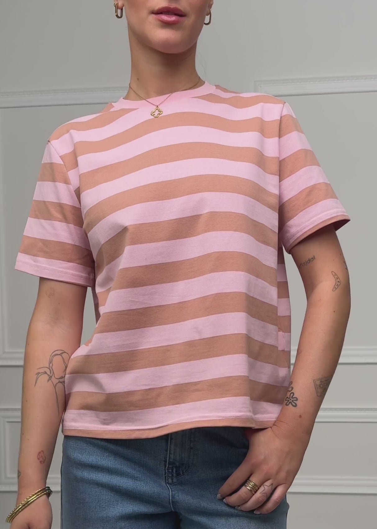 T-Shirt mit Blockstreifen - rosa-braun