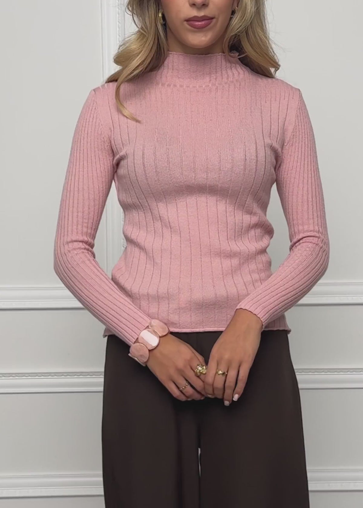 Ribbed knit top with funnel neck - dusty rose by SASSYCLASSY