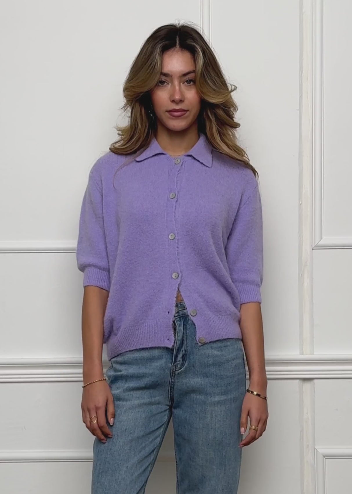 Cardigan with collar and elbow-length sleeves - lilac