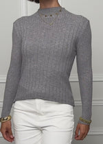 Rib knitting sweater with stand -up collar - gray