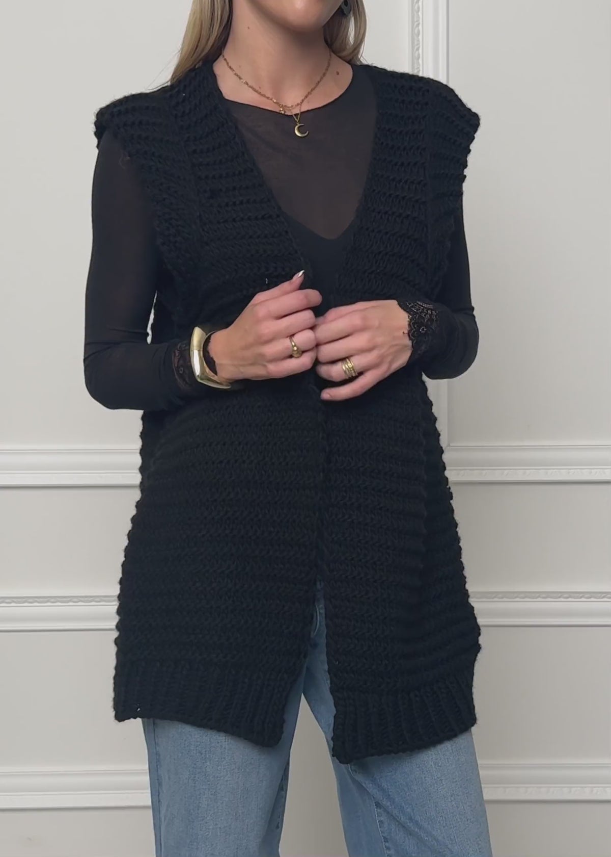 Long sleeveless knitted vest with structured shoulders - black by SASSYCLASSY