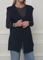 Long sleeveless knitted vest with structured shoulders - black